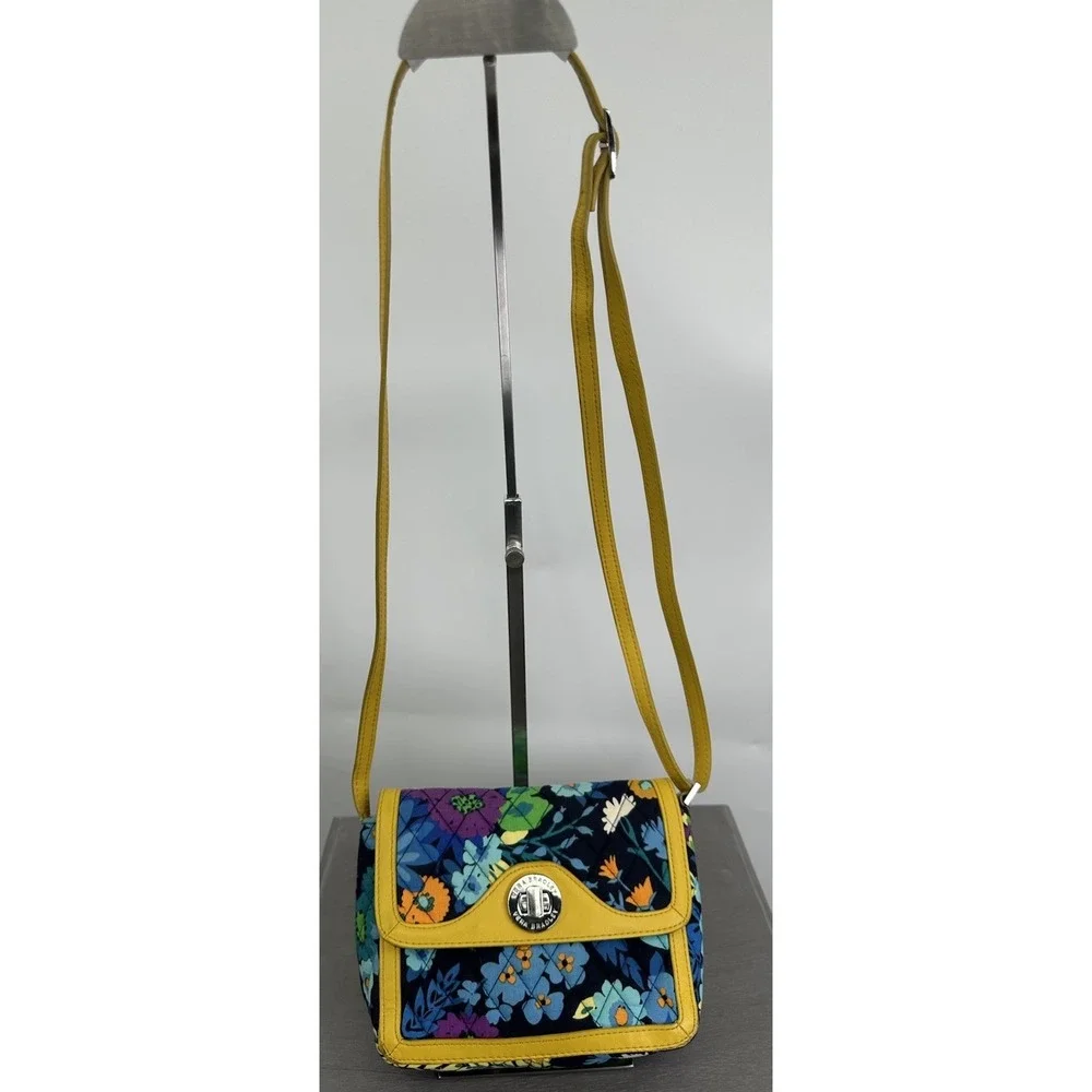 Vera‎ Bradley Midnight Blues Patricia Crossbody Purse Floral Yellow Turn Lock